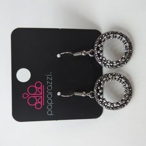 Boutique Paparazzi Black Silver Tone and Faux Stone Accent Circle Drop Earrings